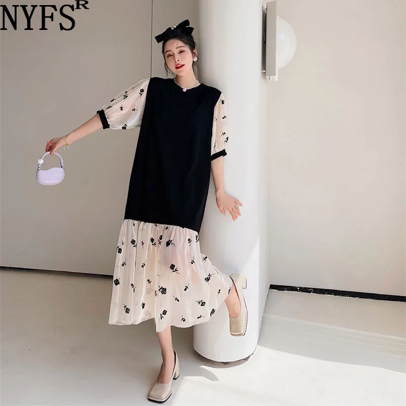 NYFS 2022 Summer Korea New Woman Dress Vestidos Robe Elbise Plus Size Cotton Patchwork Glass Yarn Black Rose Long Dresses