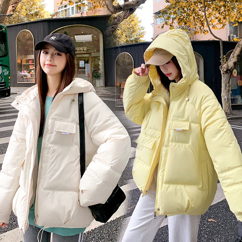 2023 Winter women's Clothing, Down Cotton Coat, Warm, Fashionable Cotton Coat, Large Pocket Hooded Candy Color Cotton Jacket