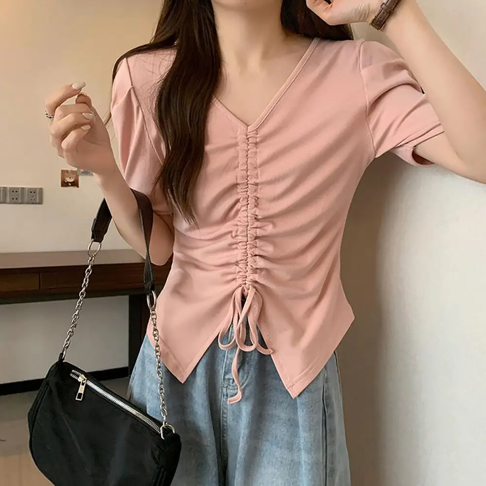 

Women Summer V-neck Pleated Short Sleeve T-shirt Drawstring Symmetrical Split Hem Pullover Tops Solid Color Breathable T-shirt