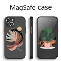 cat plant banana palm leaves cartoon transparent magsafe magnetic magnet phone case for for iphone 13 12 11 pro max mini