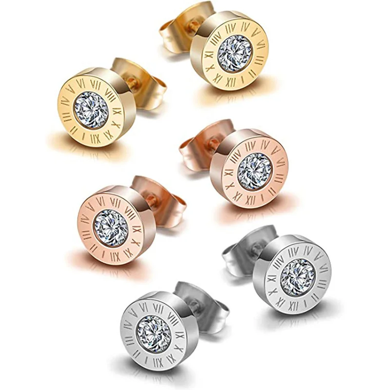

Star Union Japan And South Korea Simple Fashion Round Diamond Roman Numerals Titanium Steel Earrings Feminine Versatile Earrings