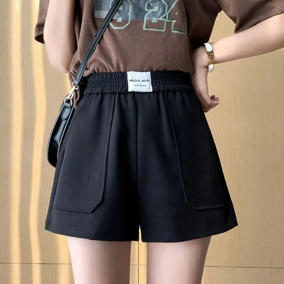 Women's Shorts With Pocket Summer Cotton Pure Color High Waist Hot Pants Casual Loose Sports Pants Elastic Waist Cycling Shorts