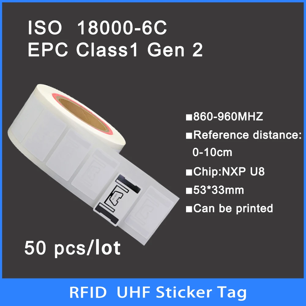 Enlarge 50PCS UHF RFID tag 18000-6C 860-960MHz RFID UHF Sticker Label Tag NXP U8 chip Electronic label 915 MHz High Quality  Smart Tags