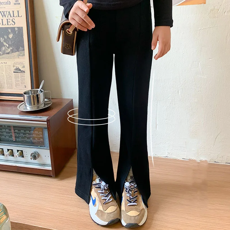 

Женские брюки с разрезом и разрезом, осенне-зимняя одежда для маленьких девочек, черные брюки-клеш, уличная одежда, детская одежда