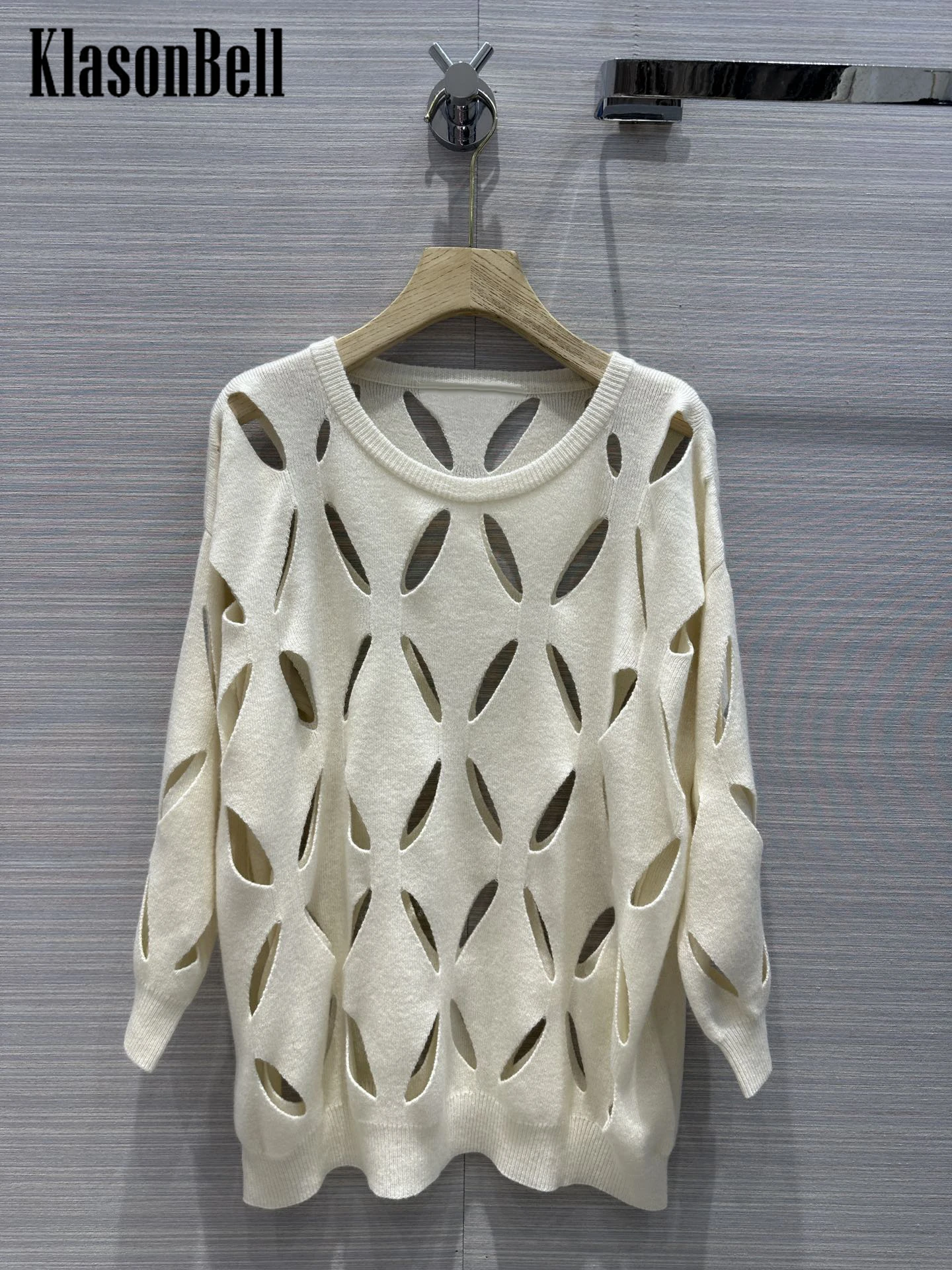 

6.20 KlasonBell Fashion Argyle Hollow Out Loose Cashmere Wool Knitted Pullover Sweater Women