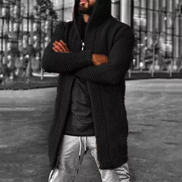 

NEW 2023 Autumn New Men's Black Long Hooded Sweaterscoat Male Solid Color Coat Casual Outerwear Knitwear S-5XL