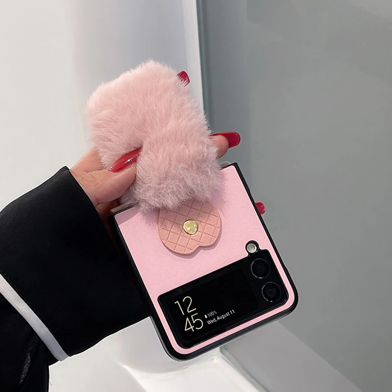 

Pink Plush Portable Pendant Phone Case for Samsung Galaxy Z Flip3 Luxury Fashion Girl Phone Cover for Galaxy F 7110 Funda Capa