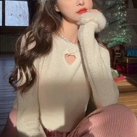 korean elegant tops white pullover heart hollow autumn new casual sweet knit sweater women hairy long sleeve fairy sweaters