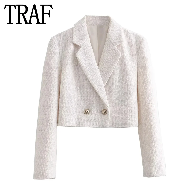 

TRAF White Blazer For Women Cropped Tweed Jacket Woman Long Sleeve Short Autumn Jacket Double Breasted Elegant Women's Blazer
