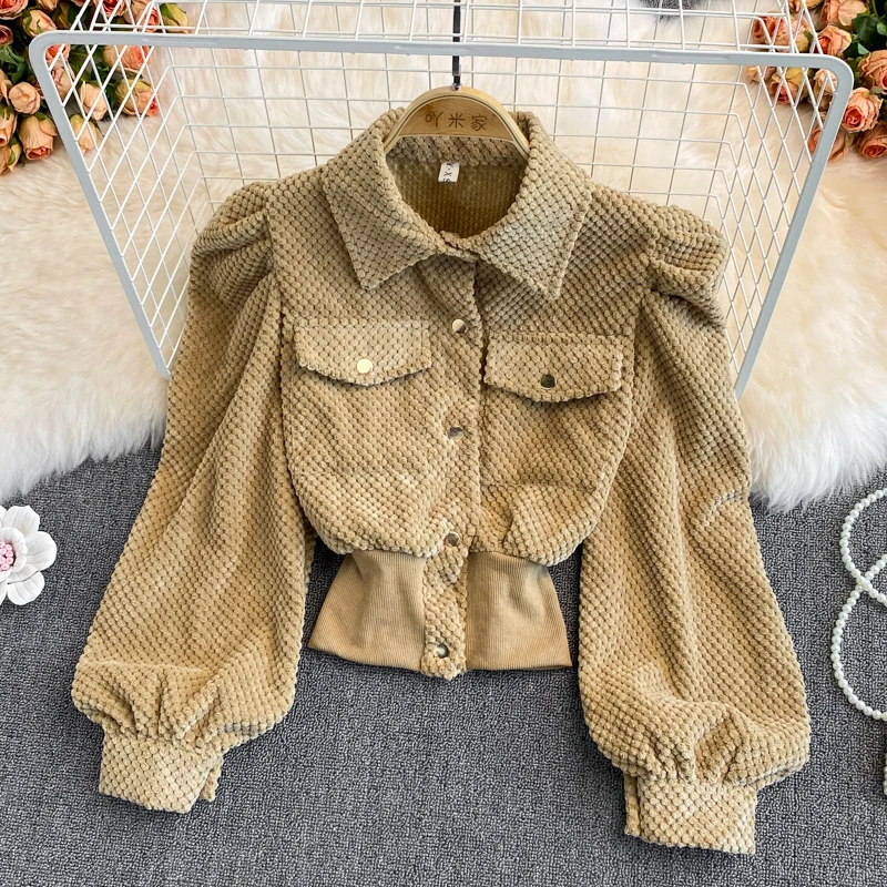 

WDMSNA Palace Style Puff Sleeve Women Jacket Slim Waist Thin Jackets for Women Single Breasted Corduroy Coat Fashion Short Top