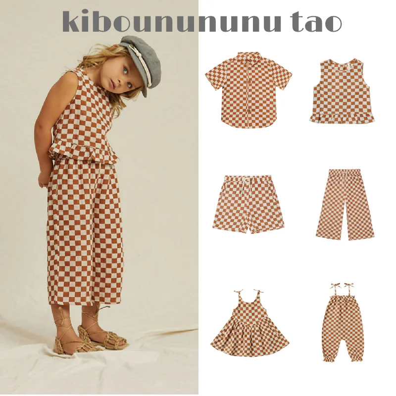 

Летняя Новинка, детская одежда rylee + cru 22, хлопковая, пеньковая, шахматная серия, рубашка для мальчиков и девочек, брюки на бретелях, платье-жил...