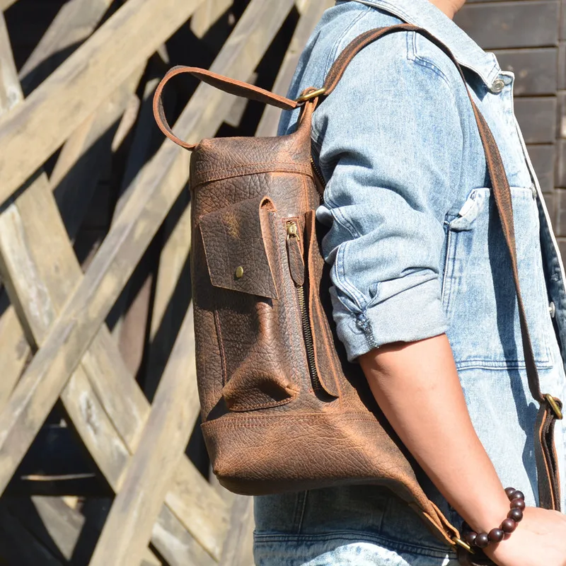 Retro fashion handmade designer Crazy horse cowhide teen bucket bag outdoor casual high quality men's multi-pocket crossbody bag