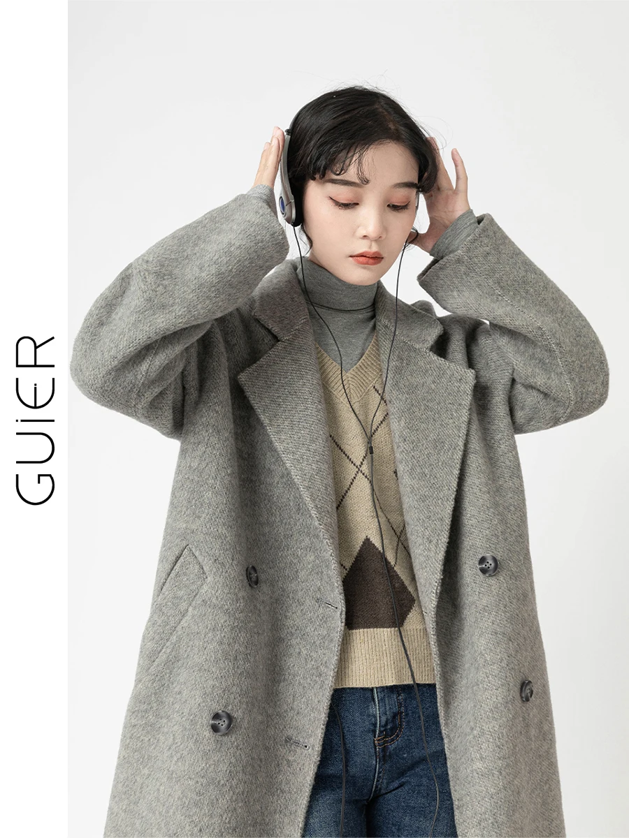 Серые двусторонние шерстяные пальто Guier женское зимнее 2025 Новое поступление