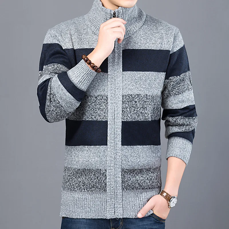Middle-aged and Elderly Men's Color-blocking High-necked Plus Fleece Sweater Loose Coat Casual Long-sleeved Sweater Cardigan