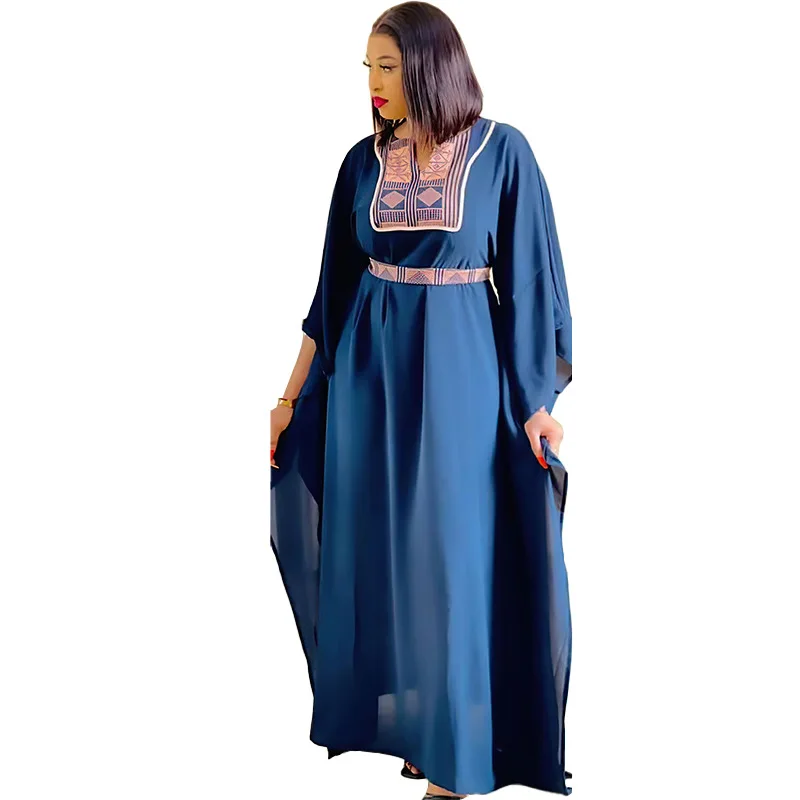 Two Piece Set African Dresses for Women Fall African Women Bat Sleeve V-neck Chiffon Long Dress African Print Dresses With Belt