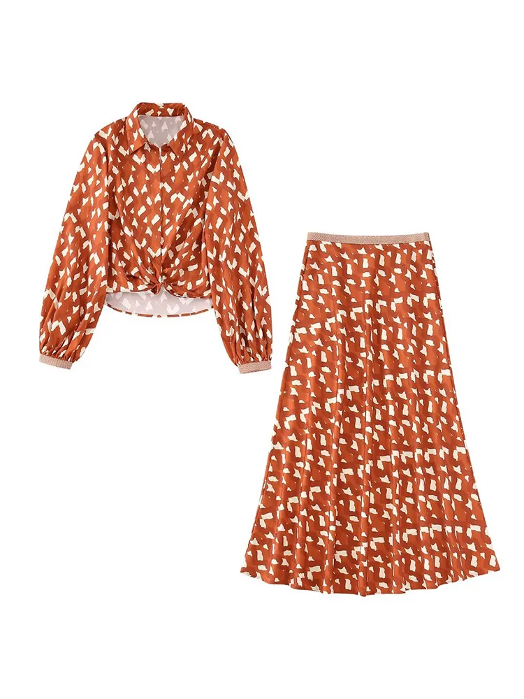 

Summer 2022 Women's Vintage Print Zip Knot Chic Linen Texture Premium Cropped Waist Lantern Long Sleeve Shirt