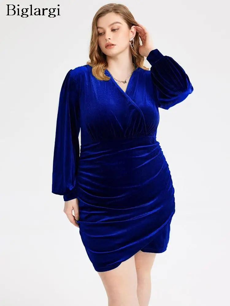 

Осеннее бархатное мини-платье большого размера, женские облегающие модные Асимметричные плиссированные женские платья с V-образным вырезом, женское платье с длинным рукавом, 2023