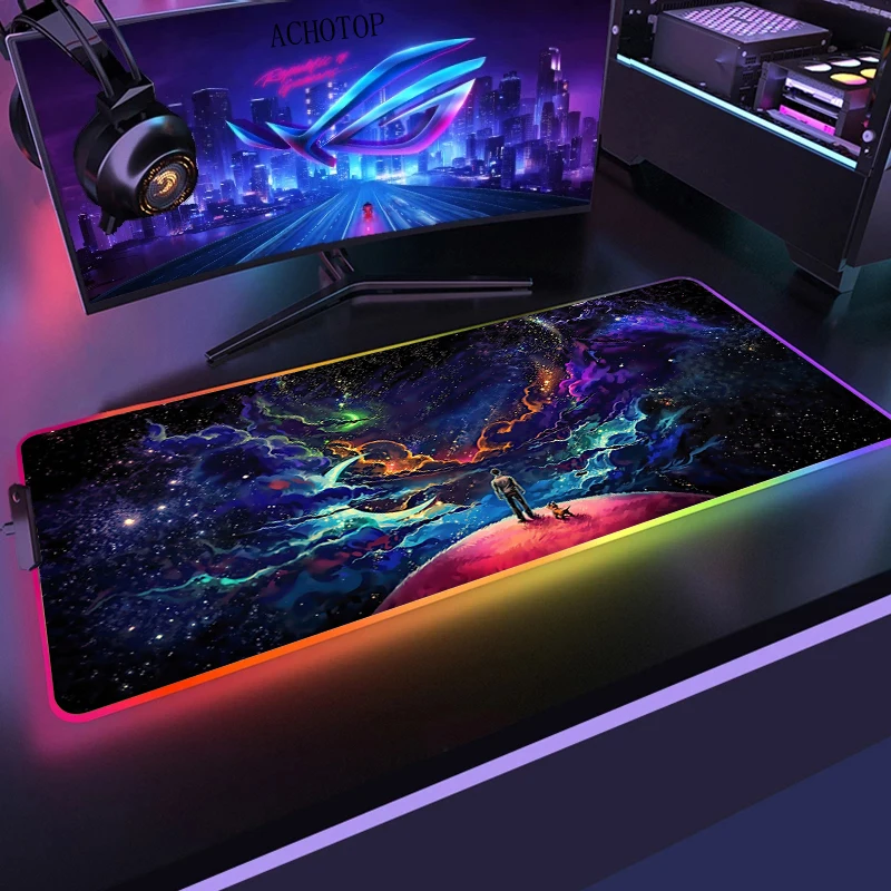 

Large Office RGB LED Lllumination Mouse Pad Mat Gamer Space Universe Gaming Mousepad Keyboard Compute Anime Desk Mat XXL 80x30mm