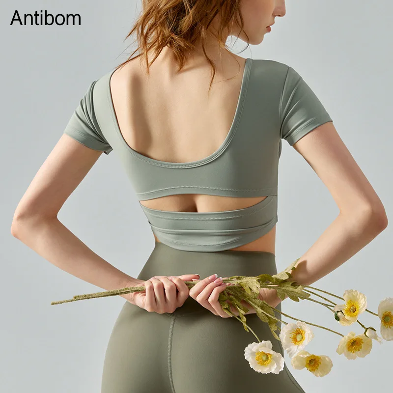 

Antibom Fake Two-piece Yoga Short-sleeved Women's T-shirt with Hollow Waist and Chest Pad Fitness Top