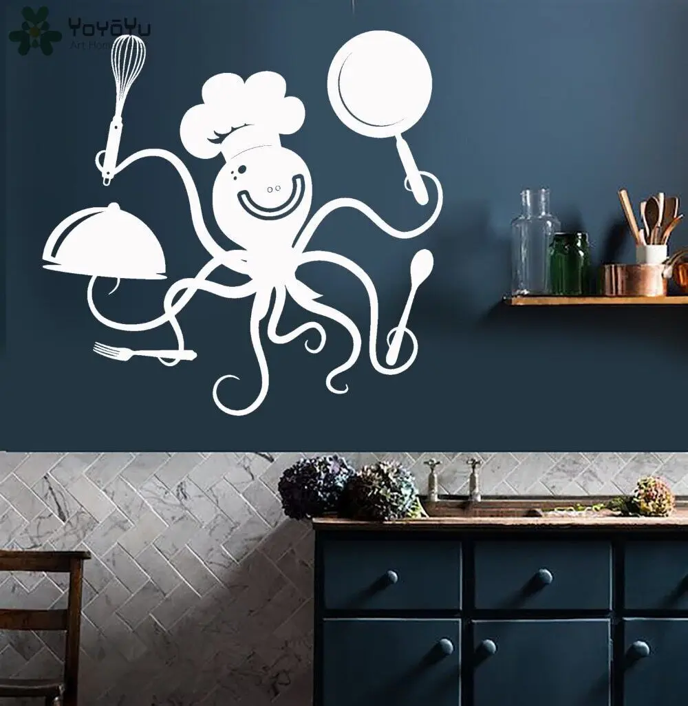 

Kitchen Wall Decal Funny Octopus Chef with Pots and Pans Pattern Restaurant Vinyl Wall Stickers Modern Design Animal Decor SY148