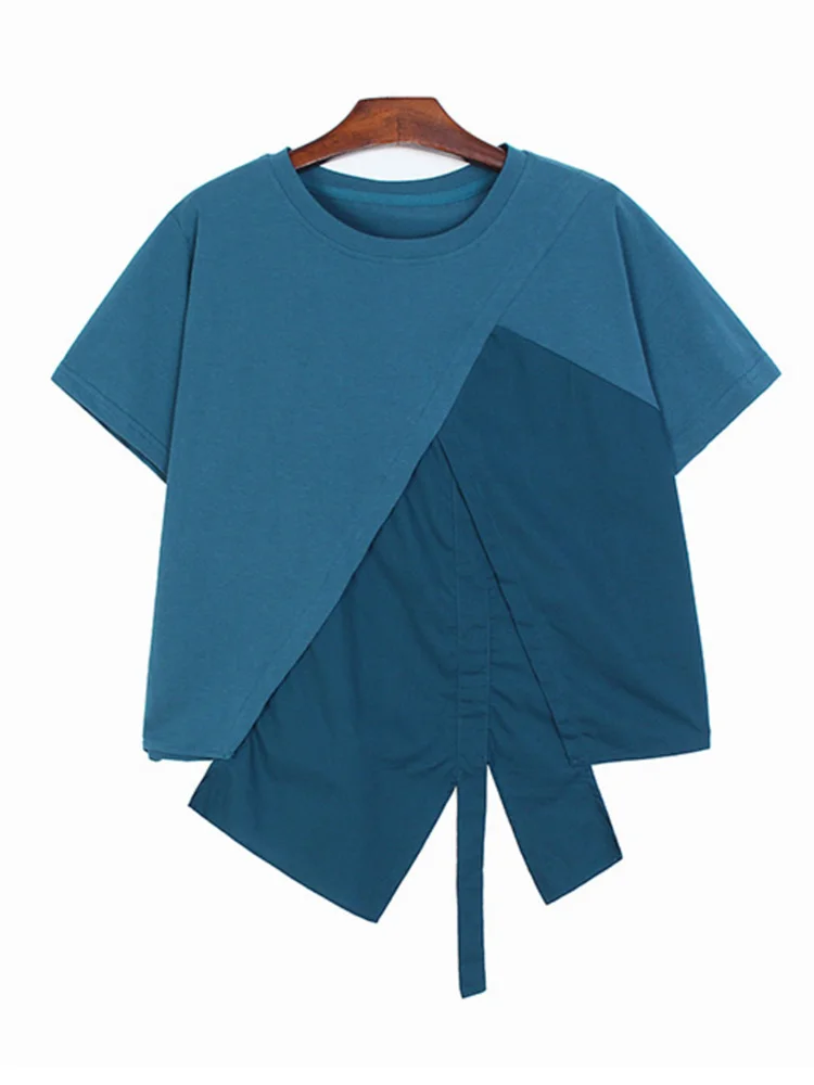 

Женская Асимметричная футболка с коротким рукавом, черная Повседневная футболка большого размера с круглым вырезом, модель M976 на весну и лето