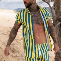 2022 new hawaiian cotton linen mens shirts trun down collar striped shirt loose short sleeve mens casual buttons beach shirts