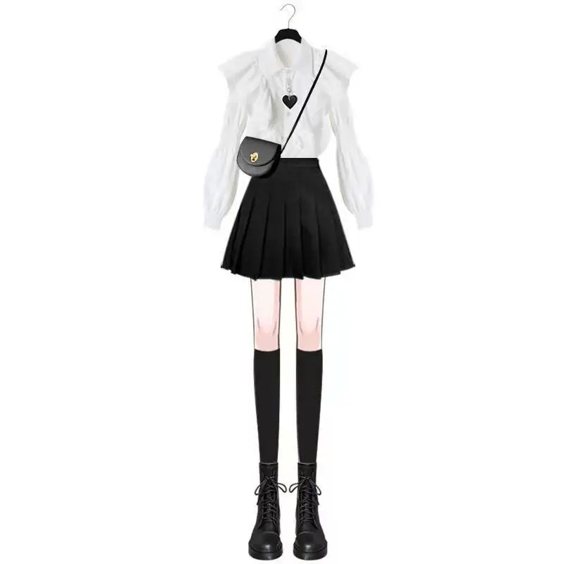 

2023 Speing Summer Women Suit Two Piece Sets Turn-down Collar Tops And Pleated Skirts Femme High Street Y2K Outfits