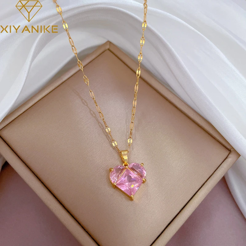 

XIYANIKE 316L Stainless Steel Necklace Pink LOVE Heart Accessories for Women Sweet Charming Newly Arrived Jewelry Gifts Collier