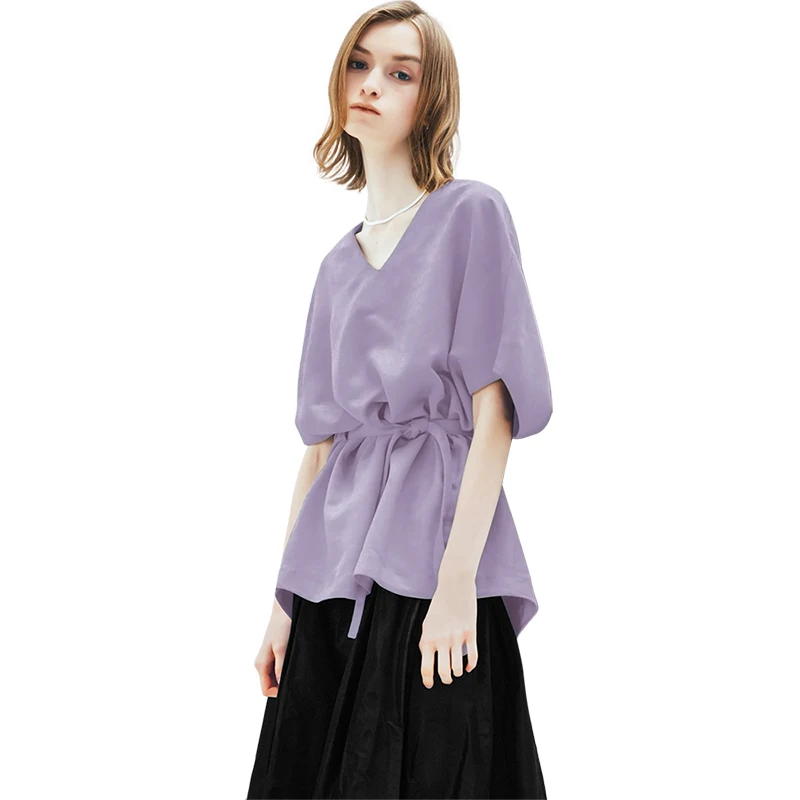 

Summer 2022 new style that covers the belly, shows thinness and reduces age and waist design sense French light purple V-neck to
