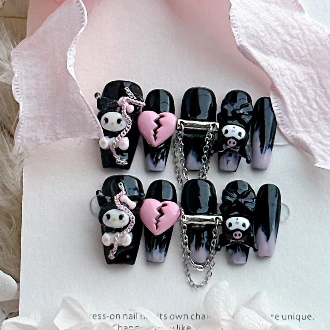 10 шт. Sanrios Kuromi kawaii искусственные накладные ногти Длинные Аниме мультфильм носимые