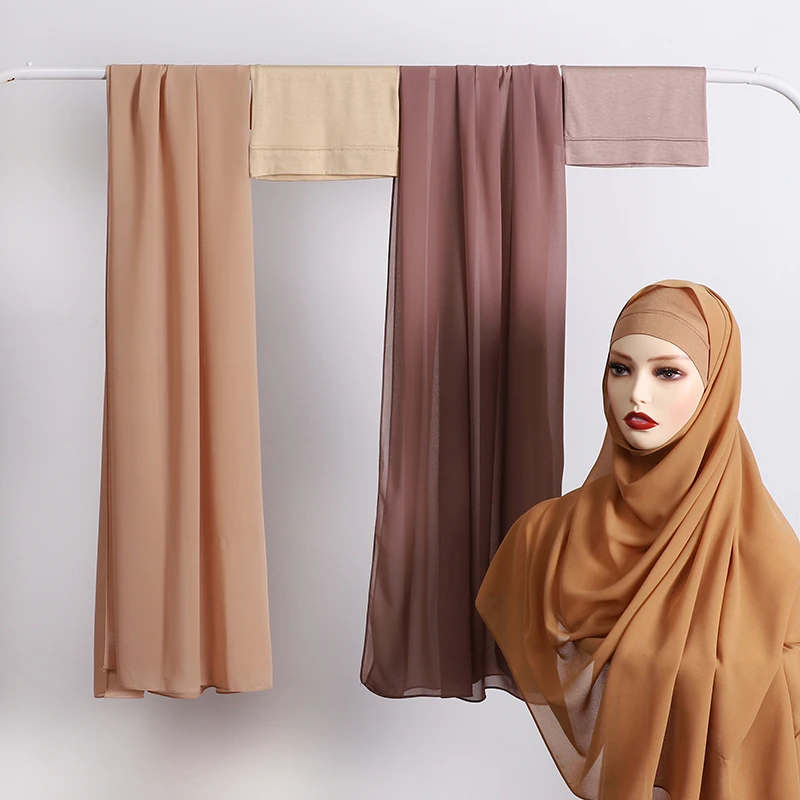 

2pc/set Plain Chiffon Hijab Scarf With Stretchy Modal Cotton Turban Cap Head Wraps Islamic Headscarf Scarves(1 cap+1plain shawl)