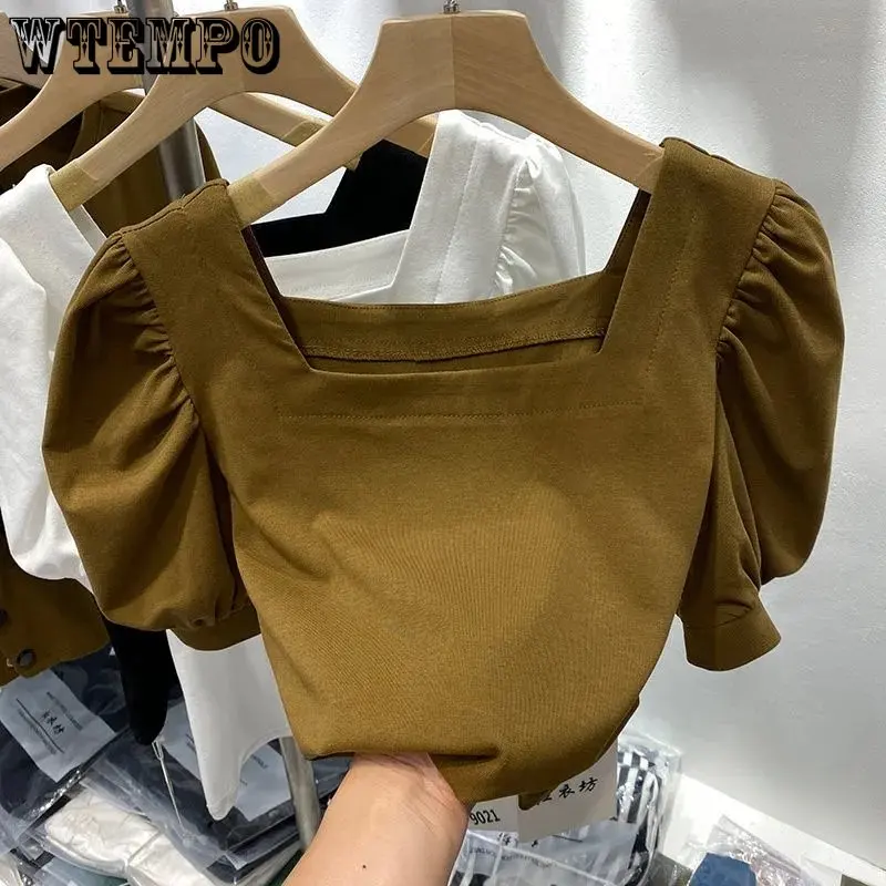 

WTEMPO Fashion Retro Puff Sleeve Square Collar Short Sleeve T-Shirts Women's Summer Fashion New Casual Solid Shirts Wholesale