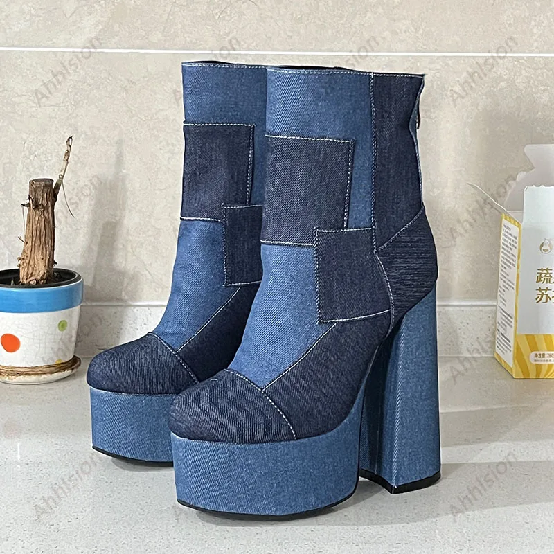 Женские джинсовые ботильоны Ahhlsion синие повседневные ботинки на расширяющемся