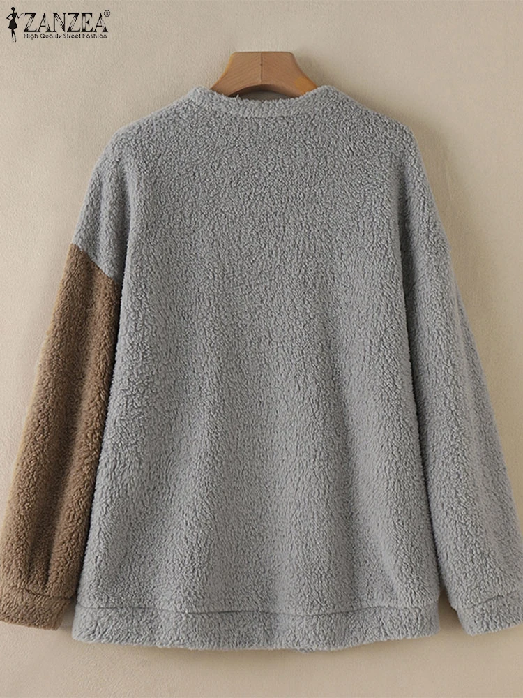 ZANZEA 2024 Fall Plush Fluffy Hoodies Drop-shoulder O Neck Fashion Color Block Sweatshirts Long Sleeve Women Fleece Pullovers