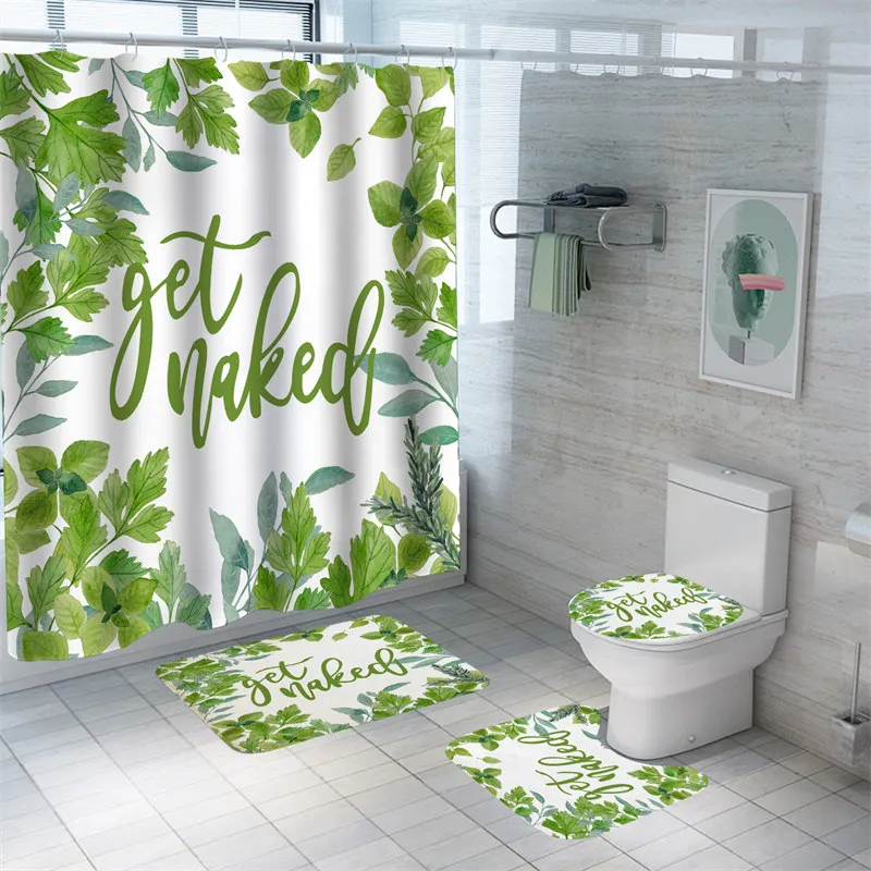

Colorful English Letters Shower Curtains Carpets 3D Print Leaves Bath Mat Set Waterproof Bath Curtains Toilet Rugs For Bathroom