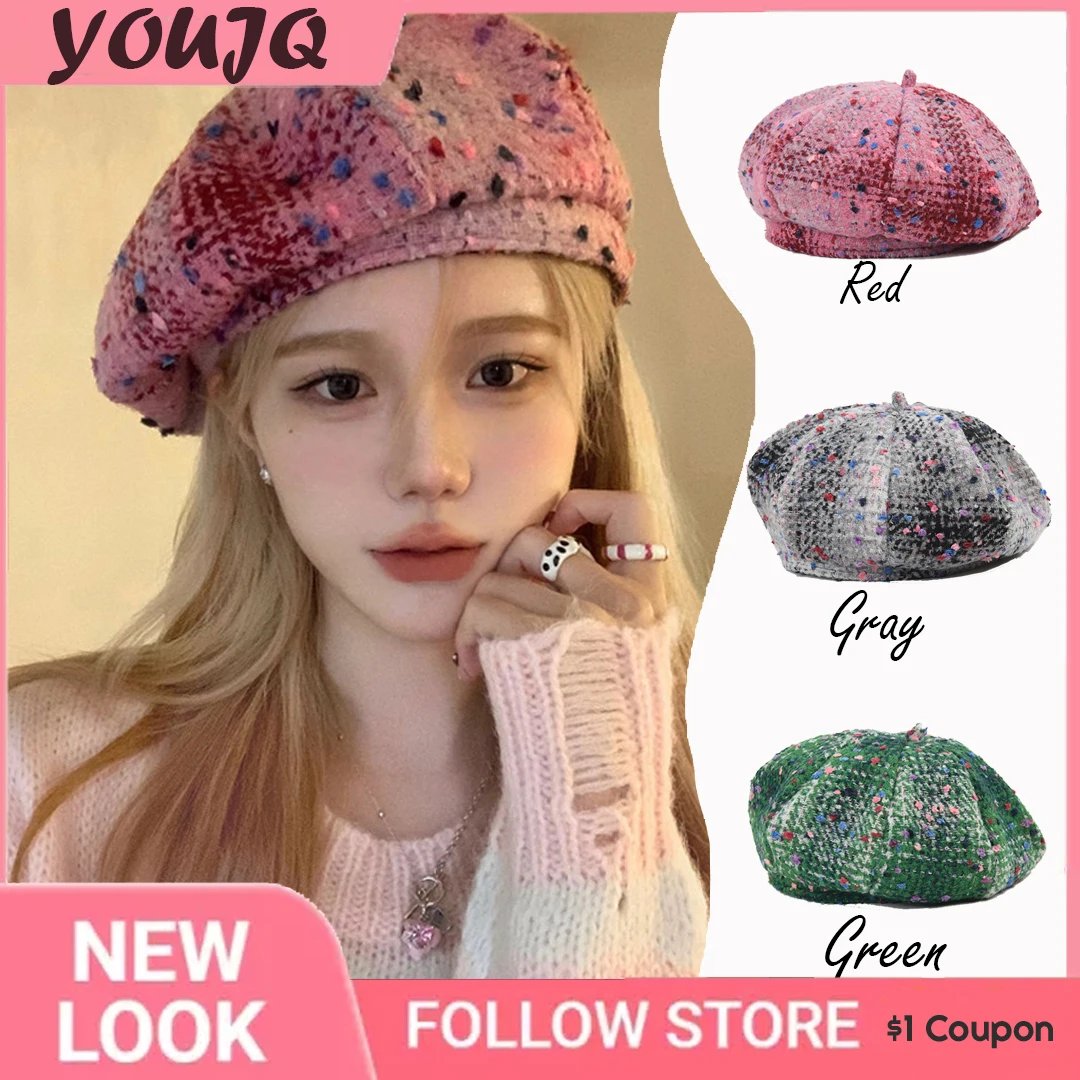 

Y2K Korean Pink Berets Women Autumn Winter Retro Temperament Socialite Big Head Painter Cap Dot Cute Beret Gorros Mujer Invierno