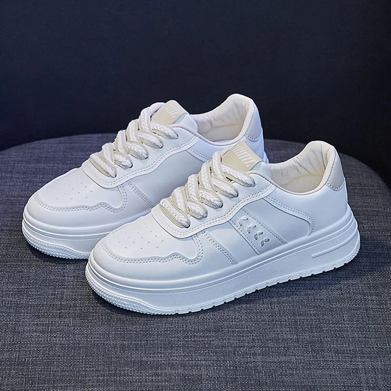

Women Shoes Fashion Leather Casual Shoes Spring Autumn Girl White Flats Skateboard Shoes All-match Lace-up Sneakers