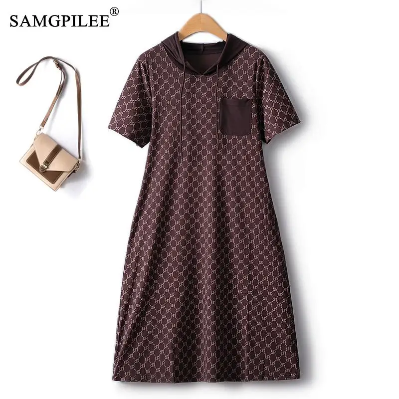 Hooded Printed Ladies Dresses Summer Sale 2023 Light Luxury Splicing A Line Mid Length Drape Short Sleeve Casual Female Dress