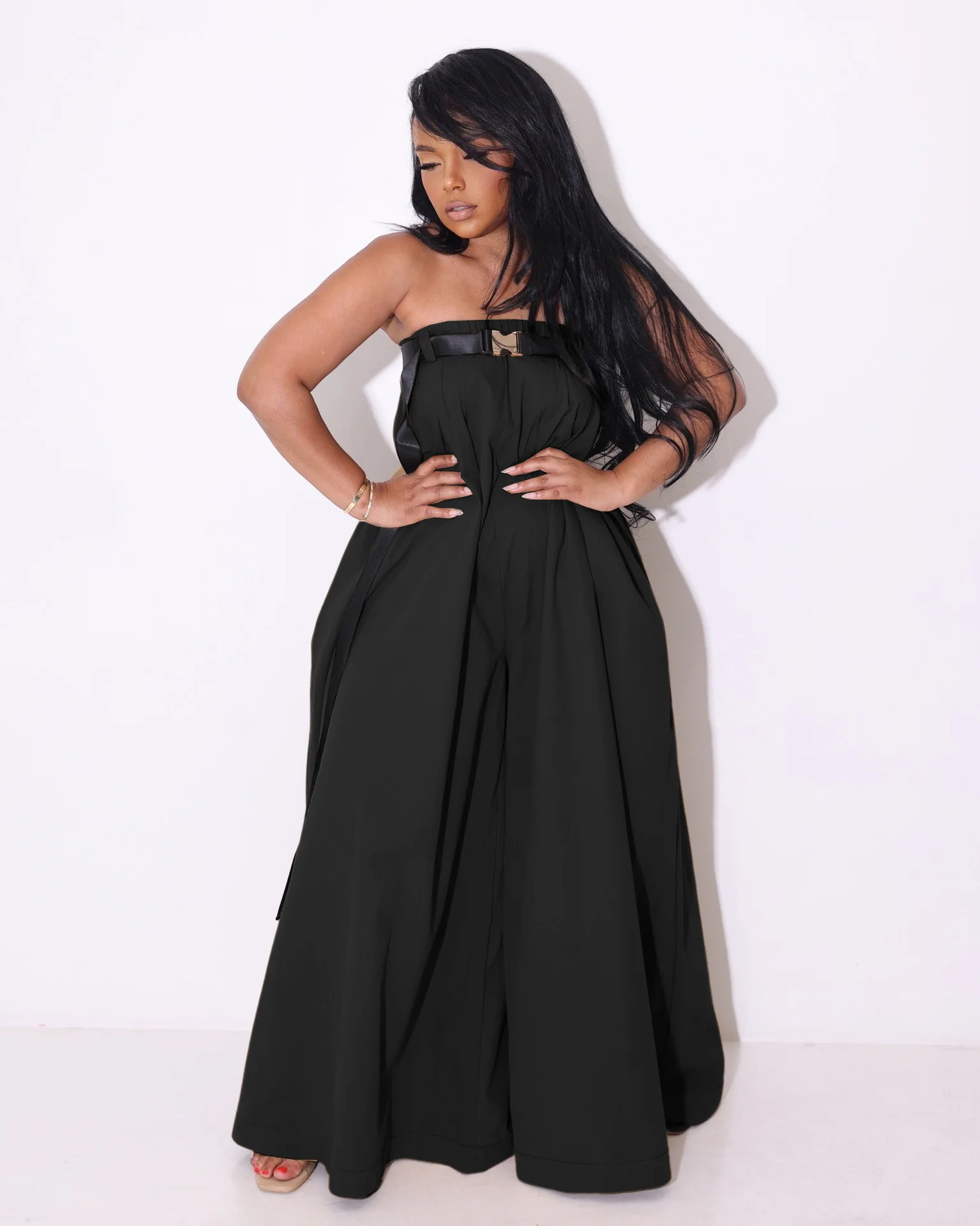 MUDAN Women Strapless with Belt Straight Wide Leg Loose Skirt Style Jumpsuit 2023 Vintage Street INS Playsuit One Piece Set
