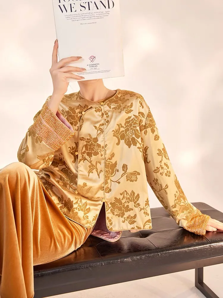 Высококачественная жаккардовая плетеная Женская куртка в китайском стиле