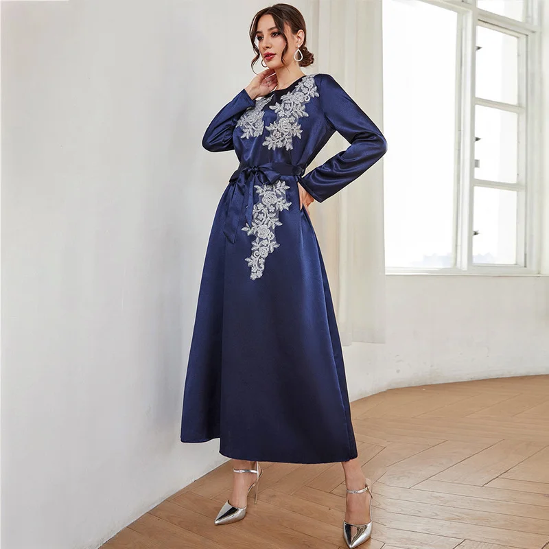 

Moslem Applique Splicing Robe 2022 Long Sleeve Dress Temperament Commuter Embroidered Blue Long Skirt In Autumn And Winter