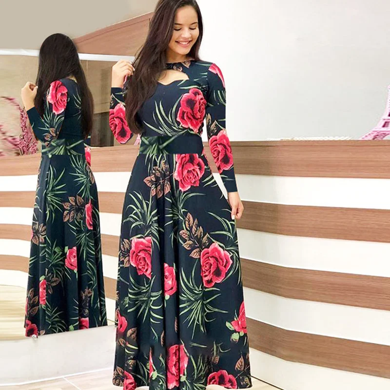 

Large Size Short-sleeved Ladies Dress Summer Elegant Floral Round Neck Print High Waist Stretch Bohemian Robe Long Skirt