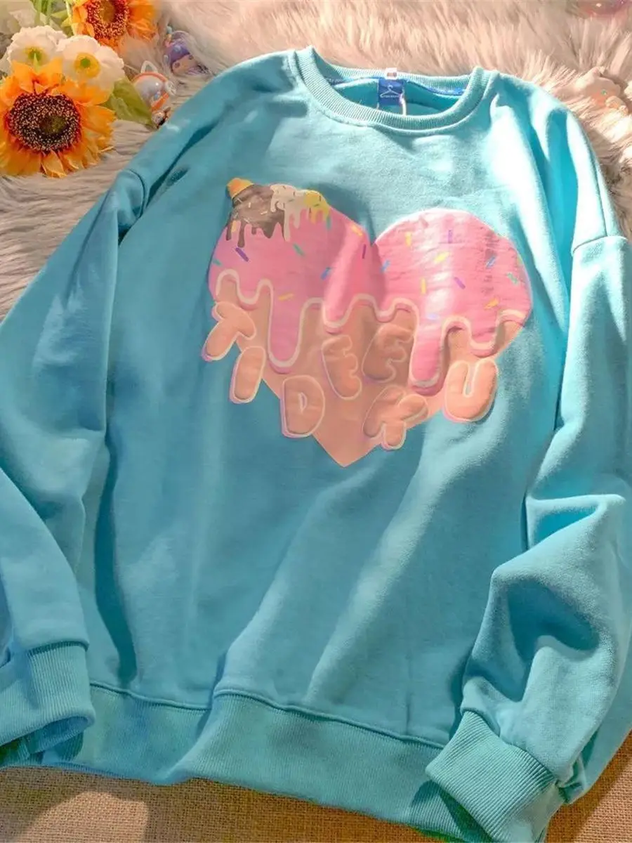 

Blue Heart Print Sweatshirt Women Oversized Autumn Thin Loose Hoodie Kawaii Hip Hop Jumper Cute Hooded Hoodie Streetwear Female