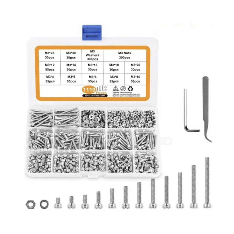 

M3 Stainless Steel Screws Nuts Washers Assortment Kit with Hex Wrenches, 1100 Pcs Hex Socket Button Head Cap Screws