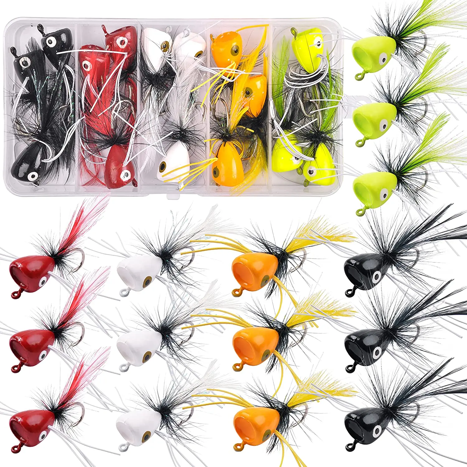 15PCS Bass Popper Flies Dry Fly Fishing Flies Topwater Panfish Bluegill Popper Bait Bug with Hooks for Freshwater