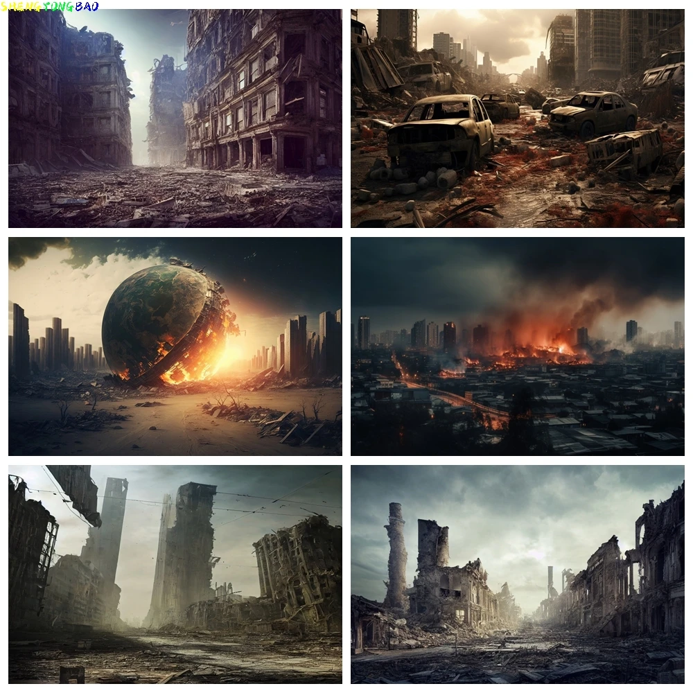 Фото Ряженный городской фон Doomsday, катастрофа, пейзаж, горящее здание, уличный автомобиль, дым, фотофон, реквизит для студийной съемки №1