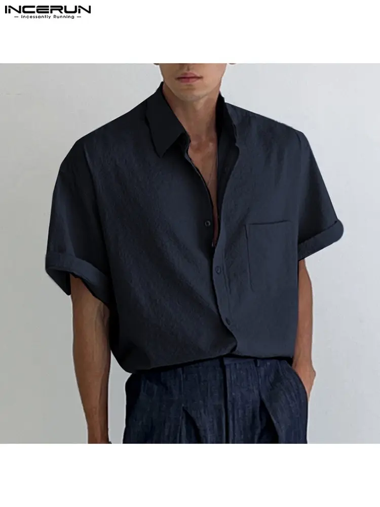 Korean Style New Men Casual Simple Bubble Fashion Casual Male Solid Comfortable All-match Sleeve Shirts S-5XL INCERUN Tops 2022