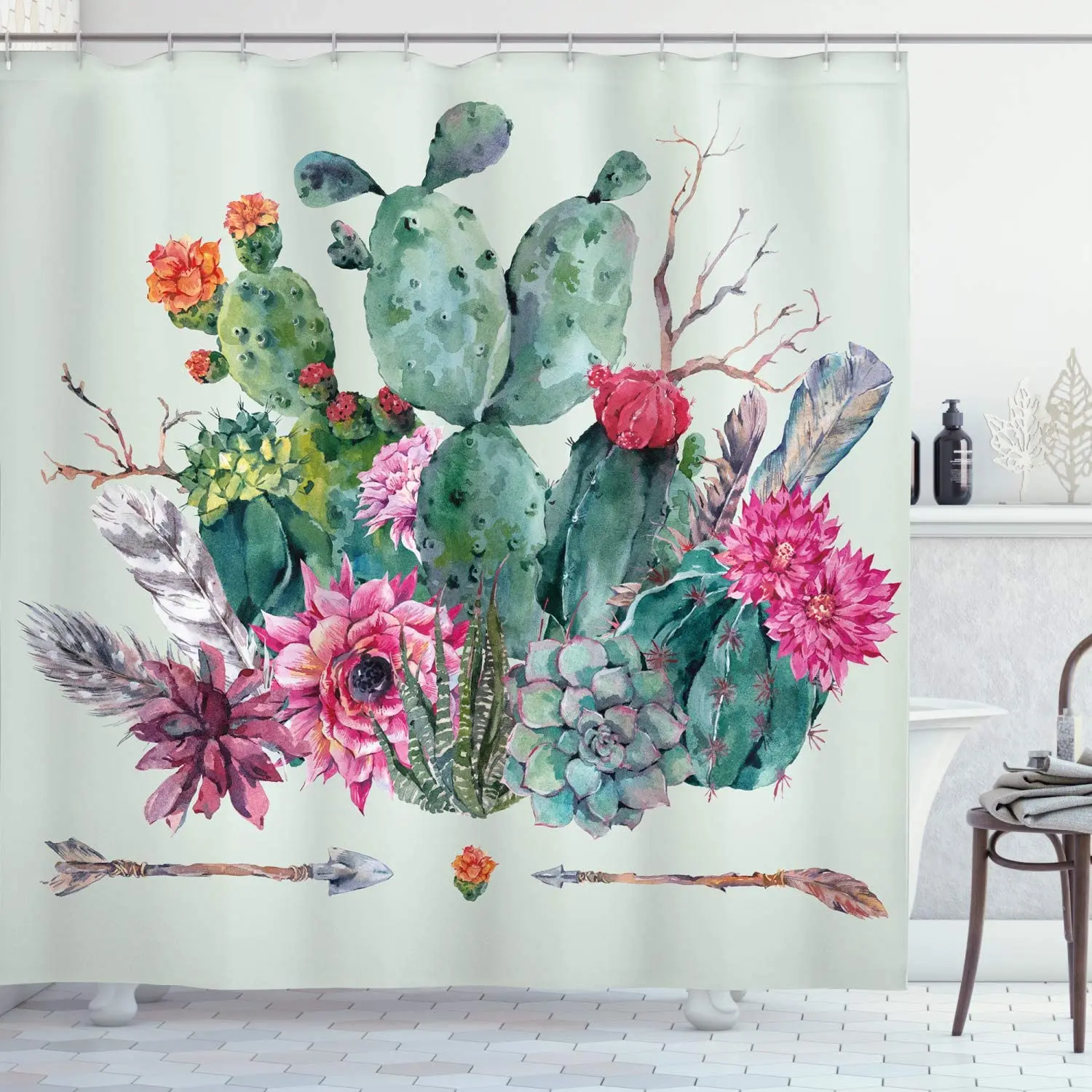 

Cactus Shower Curtain, Spring Garden with Boho Style Bouquet of Thorny Plants Blossoms Arrows Feathers, Cloth Fabric B