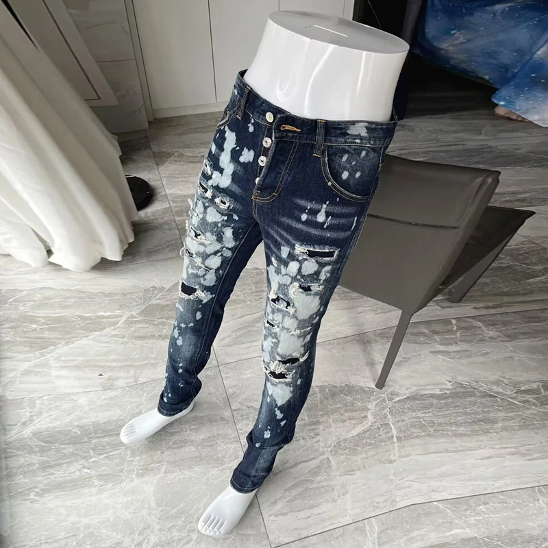 Street Fashion Men Jeans Retro Blue Elastic Slim Ripped Jeans Men Patched Trousers Painted Designer Hip Hop Brand Pants Hombre