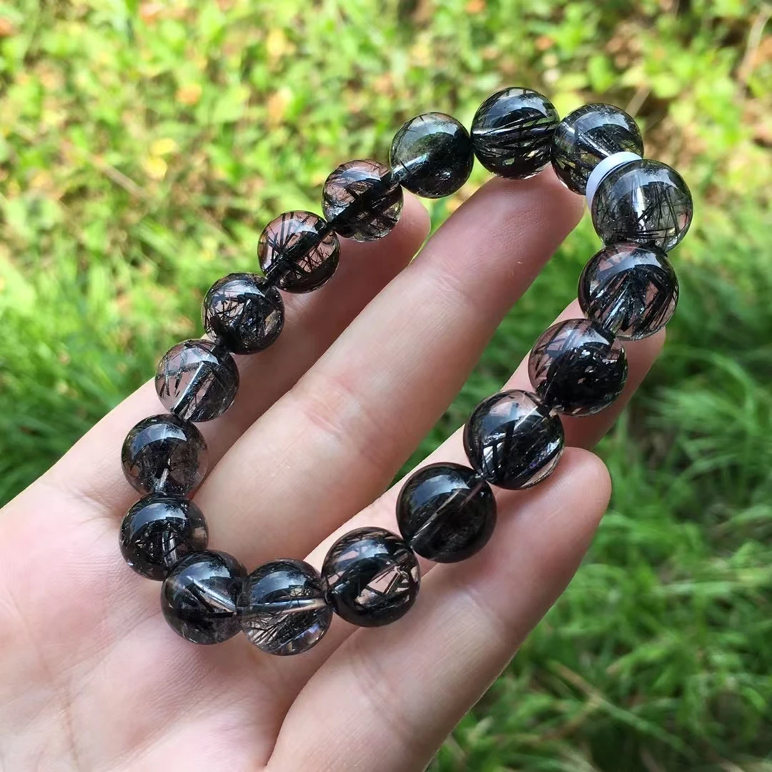 

12mm Natural Black Rutilated Quartz Round Beads Bracelet Brazil Fashion Crystal Rutilated Women Men Rare Jewelry Brazil AAAAAA